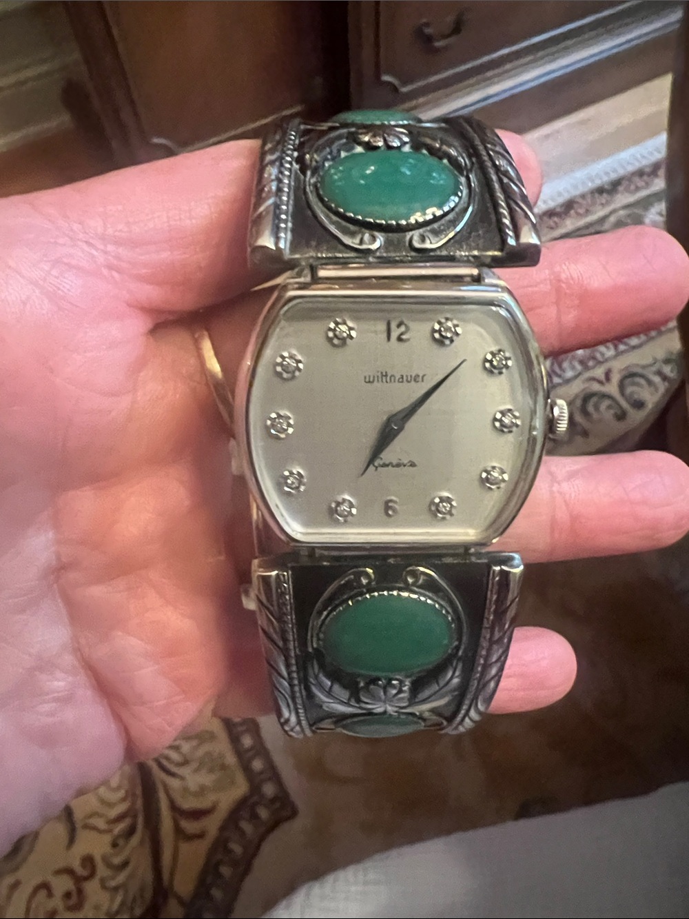 Wittnauer Silver Watch with Green Stone Inlays